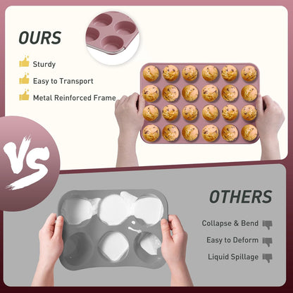 Skiennix Mini Muffin Pan Set - 2 Pack Silicone Molds with Metal Reinforced Frame | Non-Stick, Oven Safe