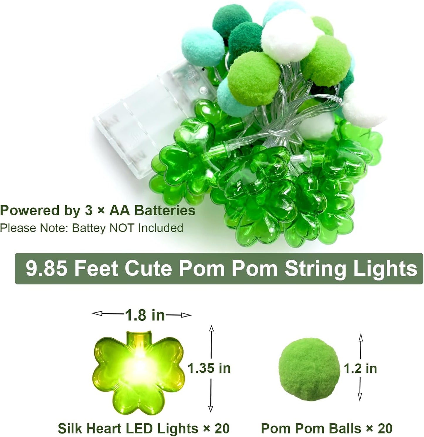 Skiennix St. Patrick's Day Lights Garland - 20 LED Lucky Clover Pompoms | 9.85ft Indoor Decor