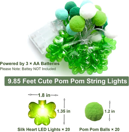 Skiennix St. Patrick's Day Lights Garland - 20 LED Lucky Clover Pompoms | 9.85ft Indoor Decor