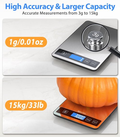 Food Scale - Skiennix 15kg/33lb Digital Kitchen Scale with LCD Display & Tare Function | Easy Clean Stainless Steel, Black