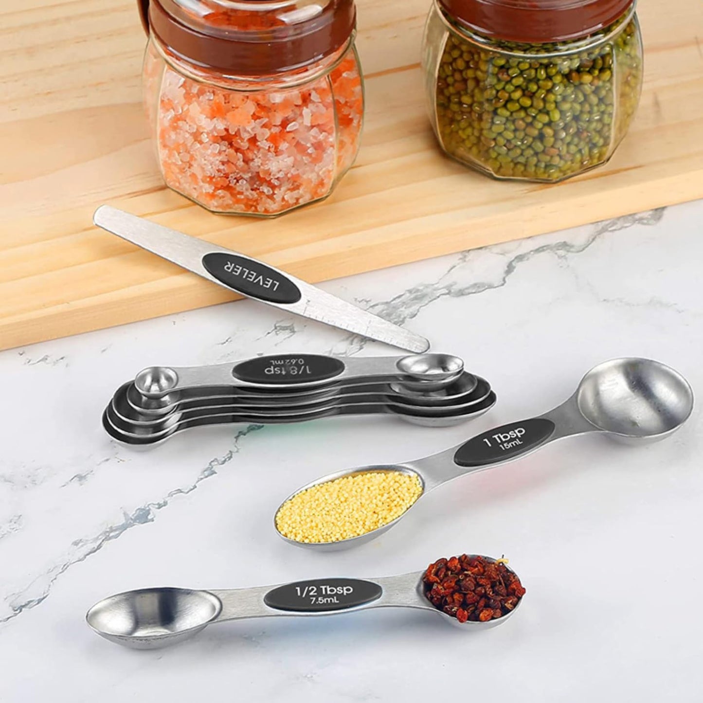 Spalivivre Magnetic Measuring Cups and Spoons Set, 16PCS with 7 Stainless Steel Measuring Cups 8 Magnetic Spoons and 1 Leveler for Measure Dry and Liquid Ingredients, Dishwasher Safe and Stackable