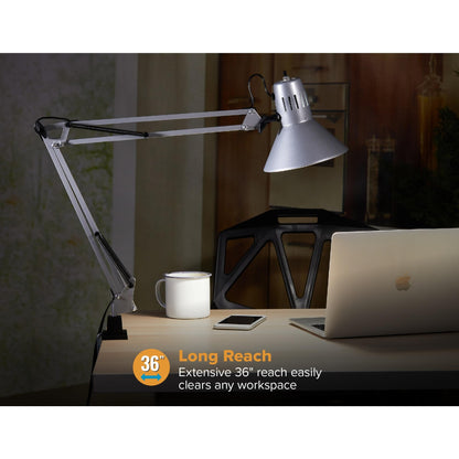 Bostitch Office VLF100-SLV Swing Arm Desk Lamp with Clamp Mount, 36" Reach with Multi-Joint Adjustment, Includes Replaceable LED Bulb (VLF), Silver