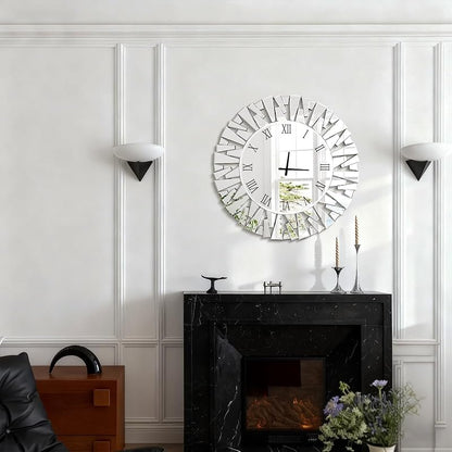 24 Inch Glass Wall Clock - Round Silver Mirror, Silent Battery Operated