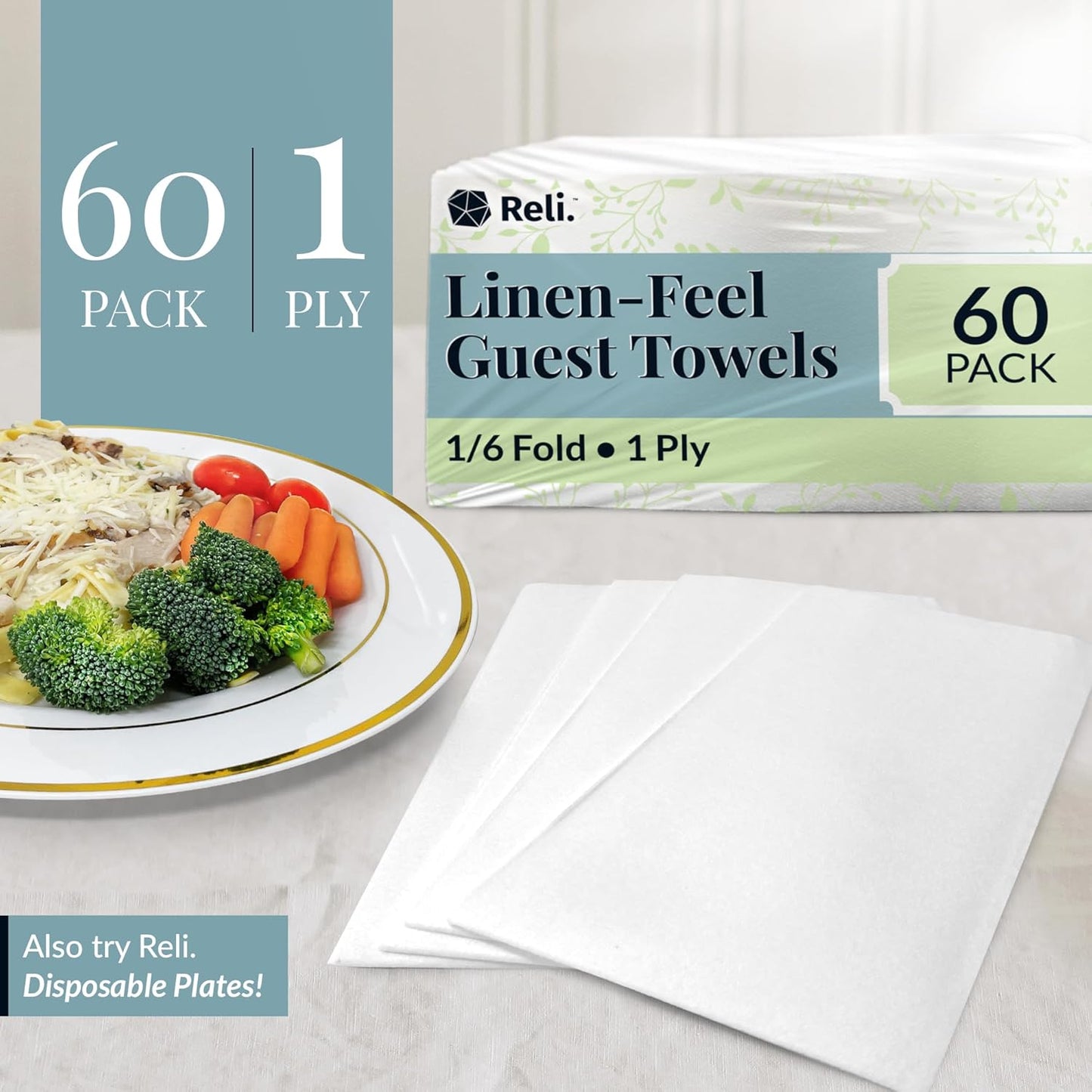 Reli. Disposable Bathroom Napkins - Linen-Feel Guest Towels (60 Pack) | Soft, Absorbent Paper Hand Towels | 12" x 15.75", White