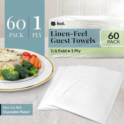 Reli. Disposable Bathroom Napkins - Linen-Feel Guest Towels (60 Pack) | Soft, Absorbent Paper Hand Towels | 12" x 15.75", White