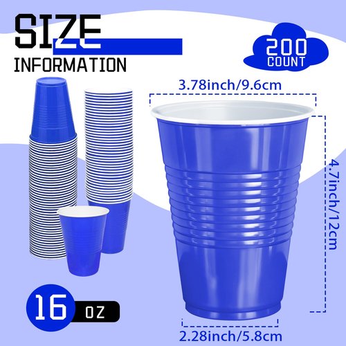 BONSINY Blue Plastic Cups 16 oz, 200 Count Disposable Cups Bulk – Heavy Duty Party Cups for Memorial Day, 4th of July, Graduation, Father’s Day, World Cup, BBQ, Outdoor Gatherings