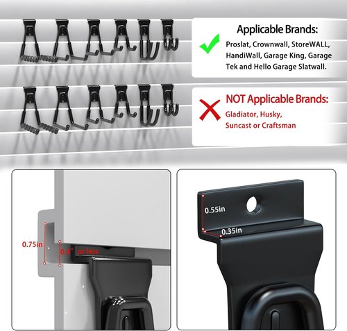 3-H Wave Shape Slatwall Hooks - Heavy Duty Storage Solution for Garden Tools & Garage | 10 Pack (Black)