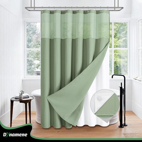 Dynamene 78 Inch Long Shower Curtain, Tall Waffle Fabric Shower Curtains for Bathroom, Hotel Waterproof Cloth Shower Curtain Liner Set with Hooks, Snap in Liner, Mesh Top Window, Sage Green, 72x78