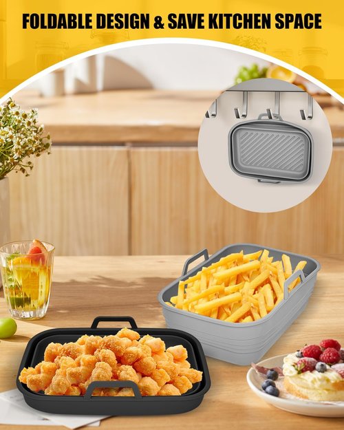 Bella Collapsible Air Fryer Silicone Liners - Reusable Non-Stick Baking Basket Insert | 2-Pack, Gray & Black