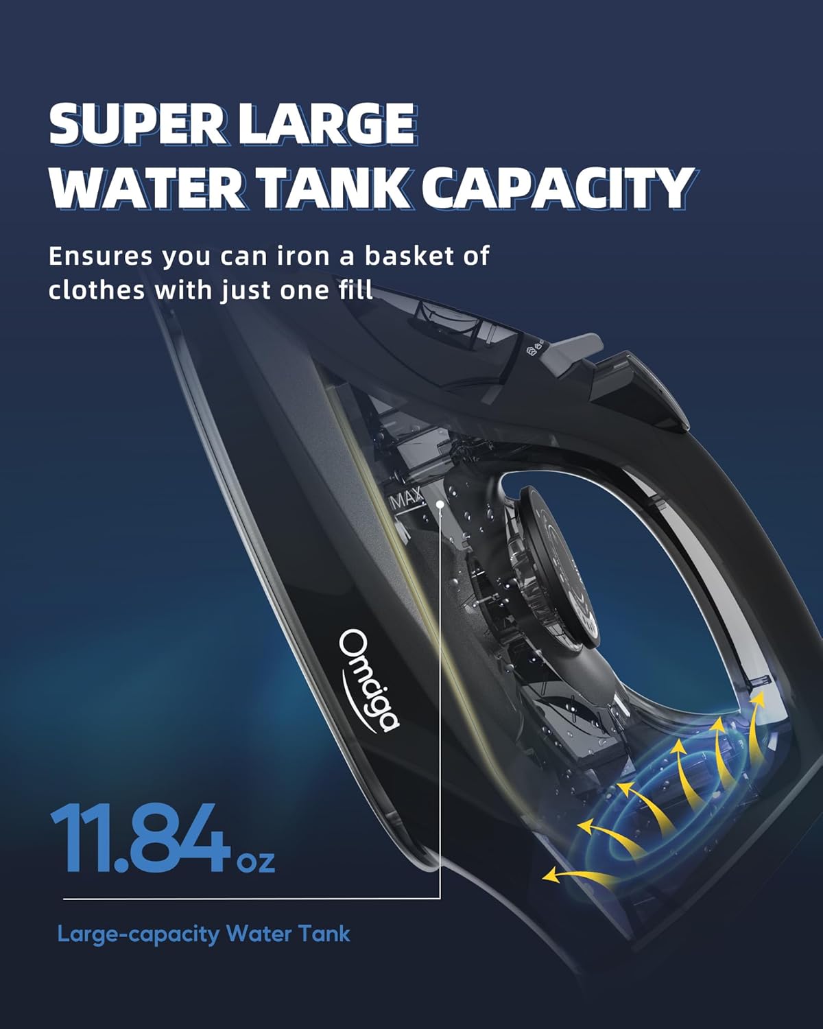 OMAIGA Steam Iron - 1500W Rapid Heating Iron with Non-Stick Soleplate & Auto-Off | Black