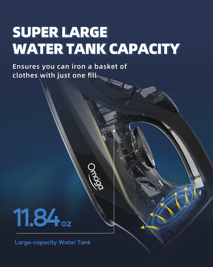 OMAIGA Steam Iron for Clothes, 1500W Iron with Rapid Heating, Non-Stick Ceramic Soleplate, Burst of Steam, Self-Cleaning, Auto-Off, Anti-Drip, 11.84oz Water Tank Ironing Clothes for Home, Black