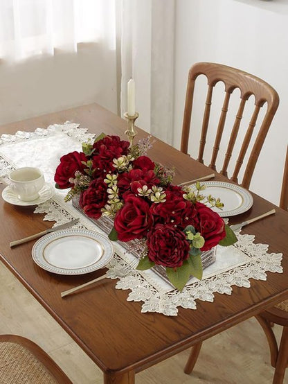 Flower Arrangement | Skiennix 14" Artificial Flowers in Wooden Vase - Red Roses, Peonies & Hydrangeas for Table Decor