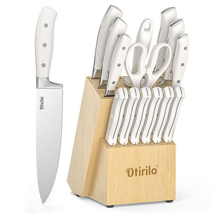 Kitchen Knife Sets with Block 15-Piece, Otirilo Stainless Steel Cooking Knife Set,Ultra-Sharp Blades,High Carbon Steak Knives Razor-Sharp Chef's Knife Set with Sharpener,Dishwasher Safe Cutlery