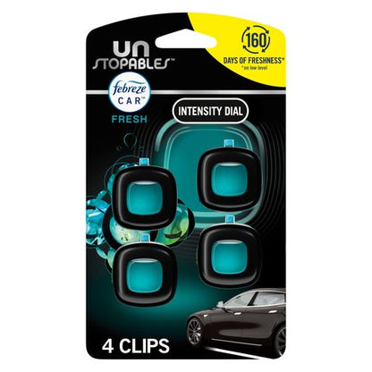 Febreze Car Air Freshener, Odor-Fighting Automotive Vent Clip, Scented Car Accessories, Long Lasting for Strong Odors, Unstopables Fresh Scent, .07 fl oz, 4 Count