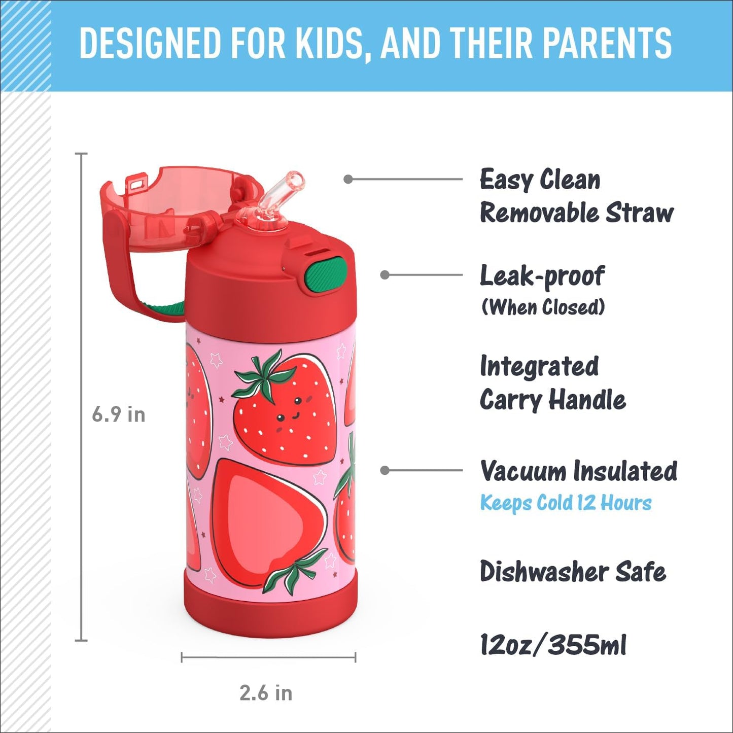 THERMOS FUNTAINER Water Bottle - 12 Ounce Kids Stainless Steel Vacuum Insulated with Straw, Strawberry Smiles