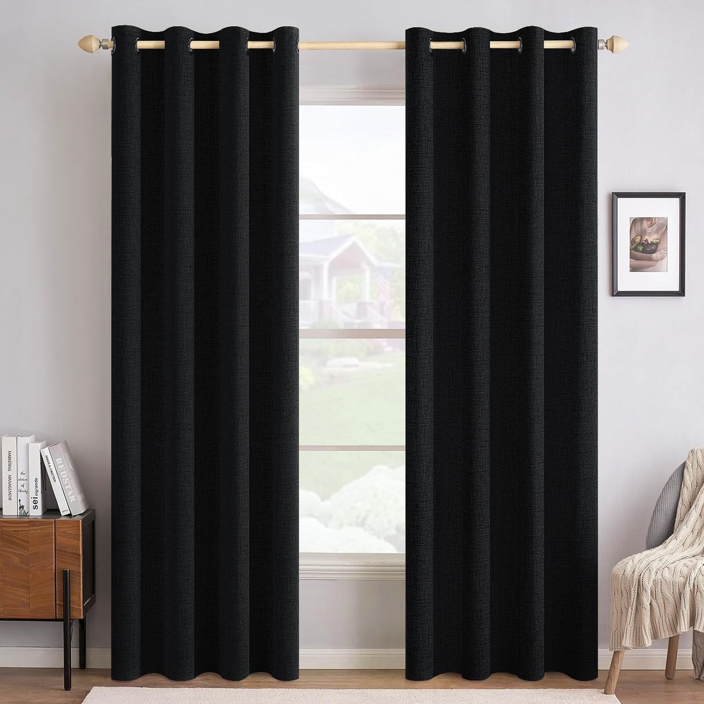 MIULEE Blackout Curtains - 100% Linen Texture Thermal Insulated Drapes | 52x72 Inch, Halloween Black, 2 Panels