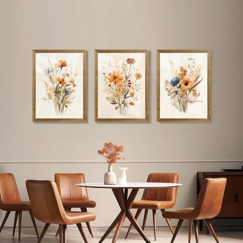 Framed Vintage Wildflower Canvas Wall Art - Set of 3 Rustic Floral Prints | 12" x 16" for Bedroom & Living Room