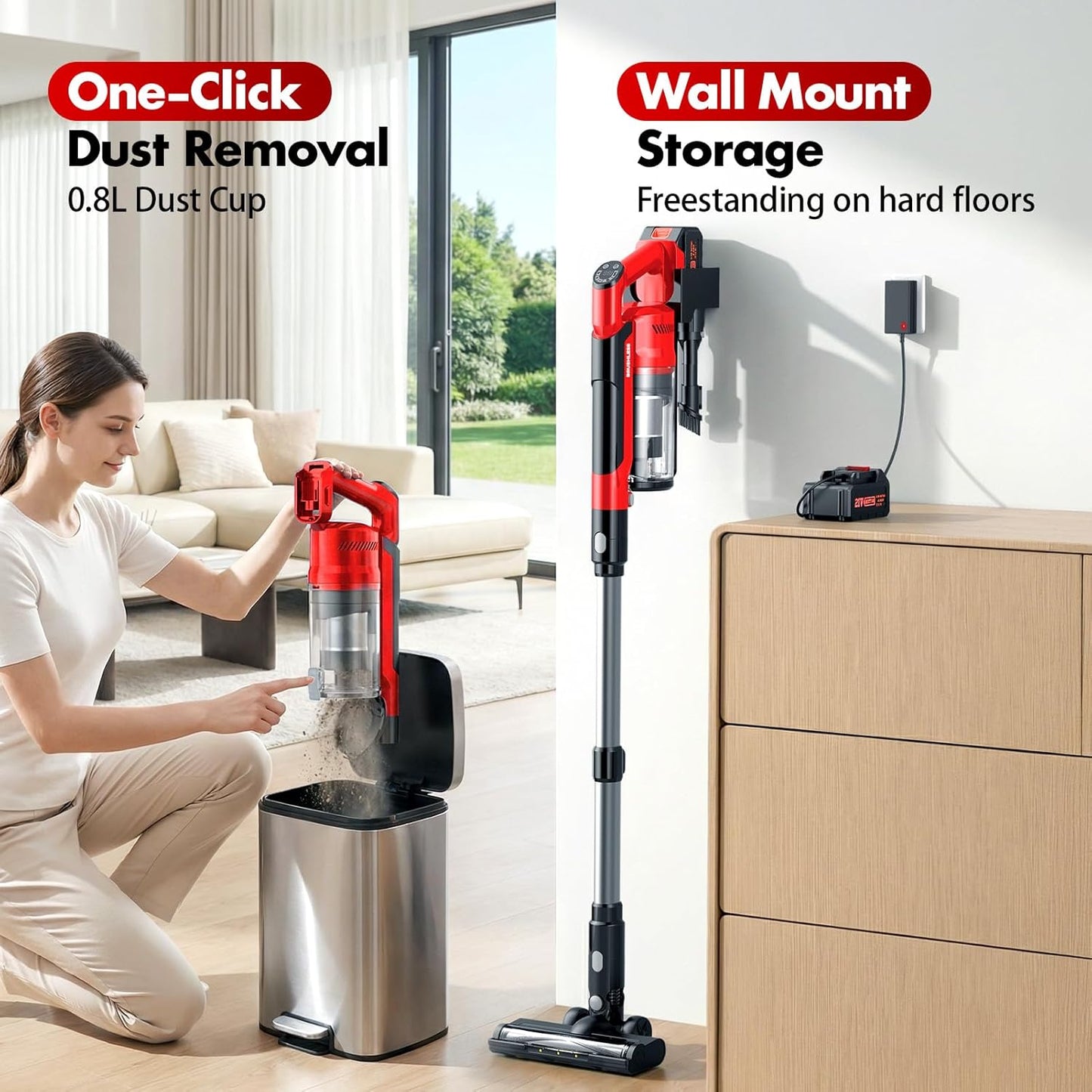 Skiennix Cordless Vacuum Cleaner - 8000mAh Battery, 6-in-1 Handheld & Stick Design for Pet Hair & Hardwood Floors (Red)