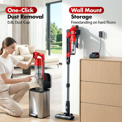 Skiennix Cordless Vacuum Cleaner - 8000mAh Battery, 6-in-1 Handheld & Stick Design for Pet Hair & Hardwood Floors (Red)