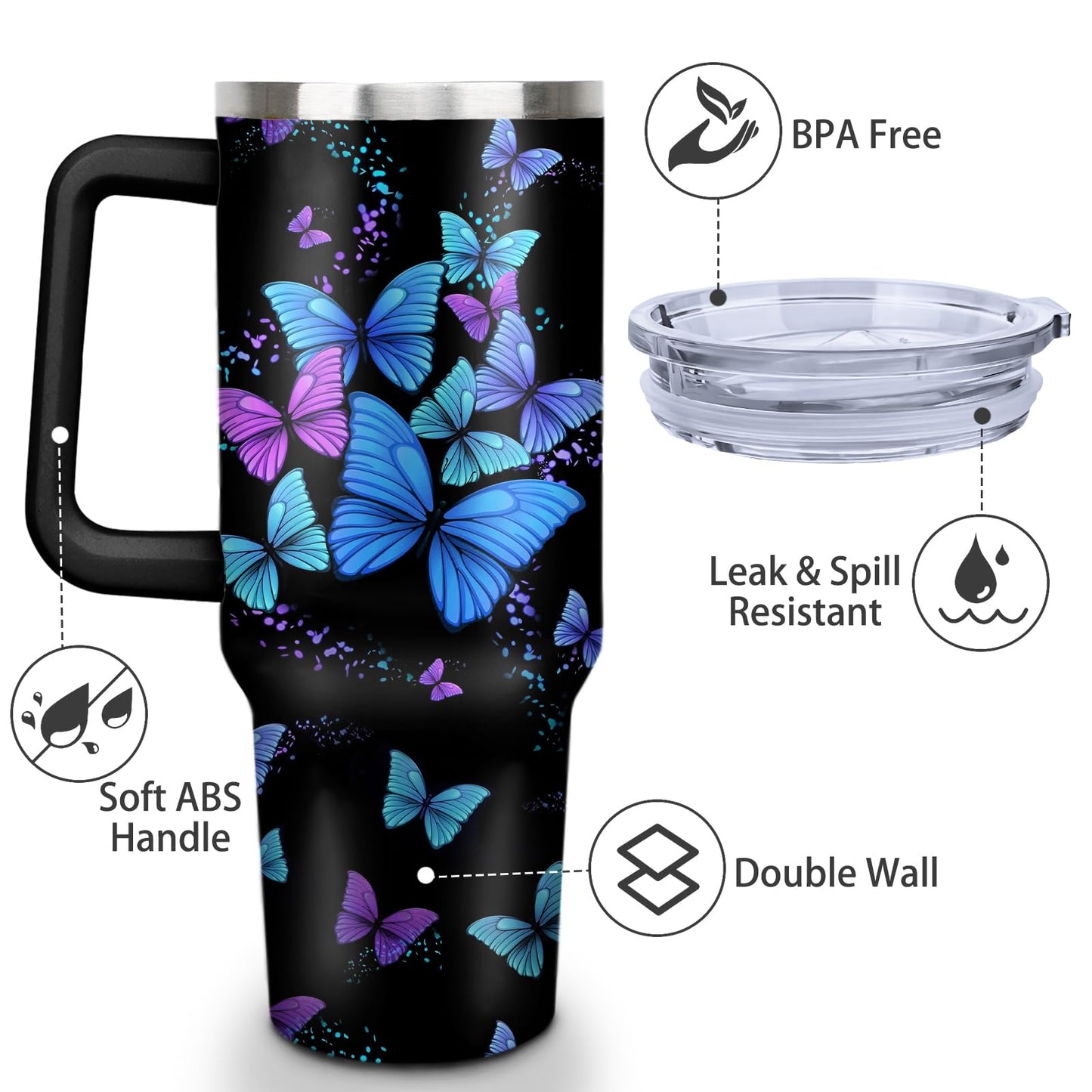 thmasamwr Butterfly Tumbler with Lid and Straw, Stainless Steel 40oz Tumbler with Handle, Butterfly Travel Coffee Mug Water Bottle, Butterfly Gifts Cups for Women and Girls