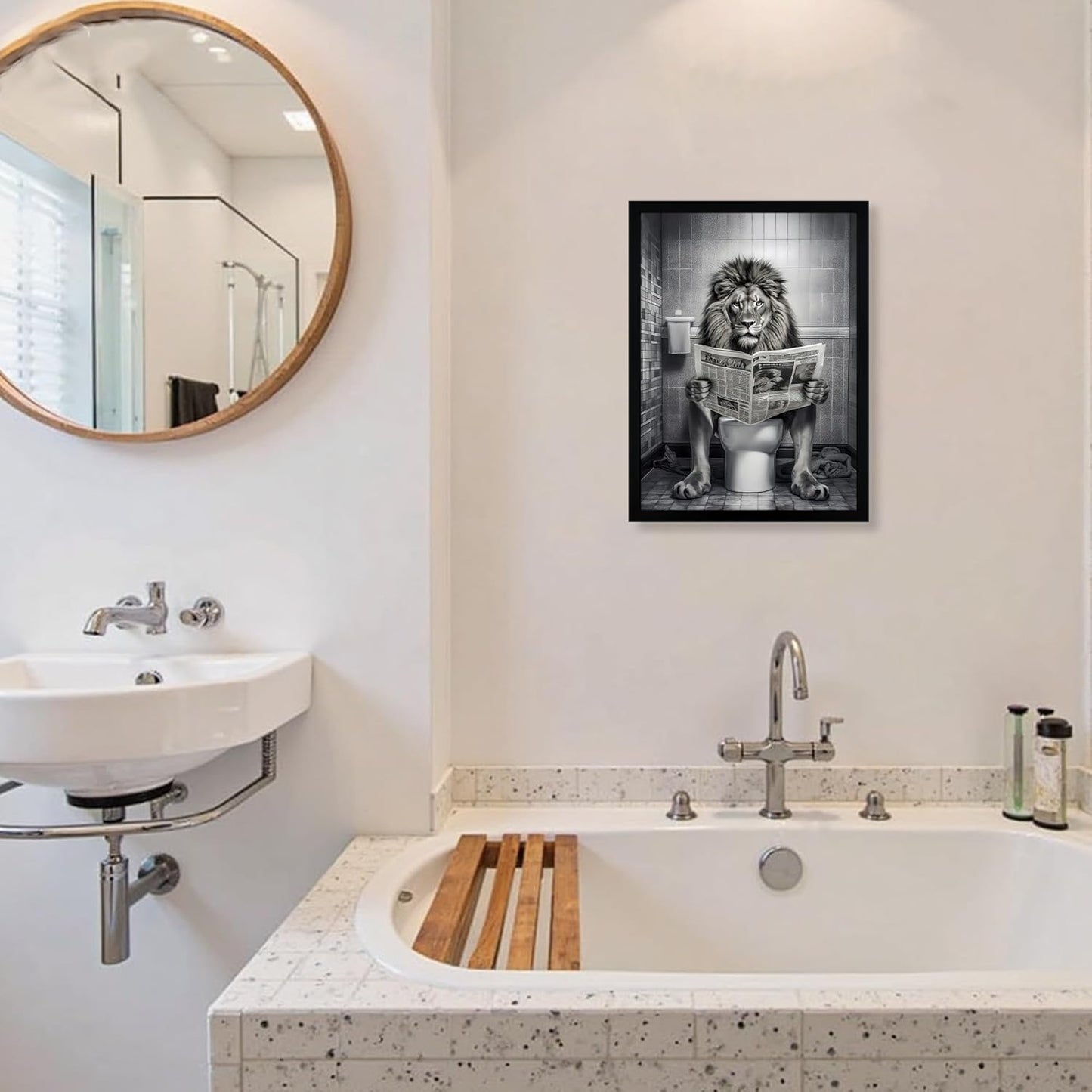 URMOYA Majesty Lion Bathroom Wall Art - Funny Canvas Print of Lion Reading Newspaper | 12x16 Inch Framed Decor