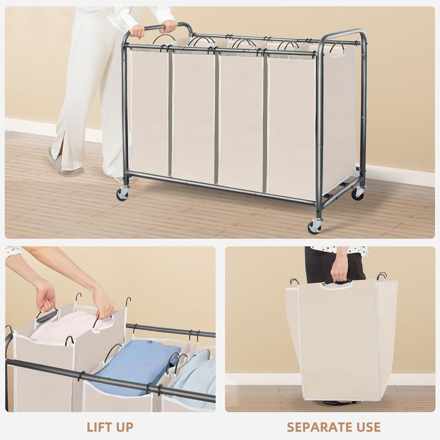 Storage Maniac Laundry Sorter - 4-Section 47.8 Gal Hamper Cart with Wheels & Removable Bags | Beige