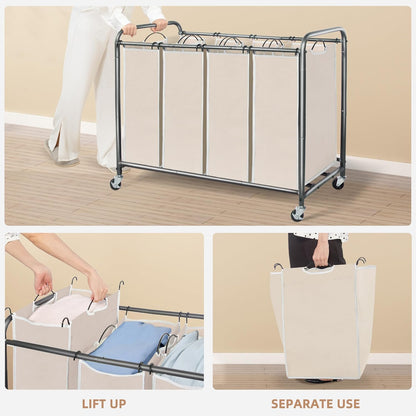Storage Maniac Laundry Sorter - 4-Section 47.8 Gal Hamper Cart with Wheels & Removable Bags | Beige