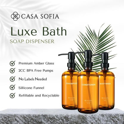 Casa Sofia Shampoo and Conditioner Dispenser | Refillable Shampoo Dispenser Bottles with Pump | Set of 3, 16 OZ Amber Glass Shower Soap Dispensers with Concrete Tray | Modern Bathroom Essentials