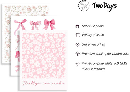 TwoDays Pink Coquette Wall Art Posters - Trendy Aesthetic Decor for Girls' Dorm | Set of 12 Unframed Prints (8" X 10" Largest)