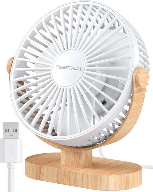 Sweetfull USB Desk Fan - 6.5 Inch Portable Mini Fan with 3 Speeds & 360° Adjustment | Quiet Operation in White Wood Grain