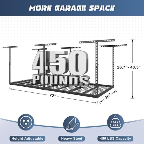 Jusgym Overhead Garage Storage Rack - Height Adjustable 26"-40" | Heavy Duty Metal, 450LBS Capacity