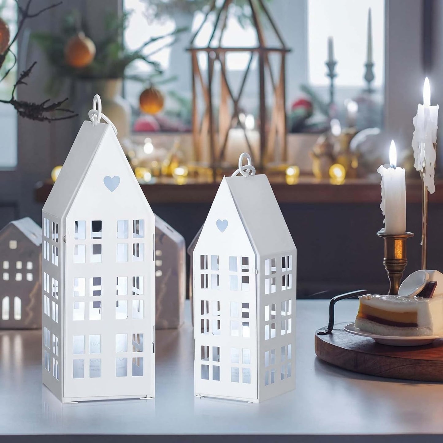 SiliFine White Farmhouse Village Set - 2 Rustic Houses with Candles for Home Decor | Wedding & Valentine's Day