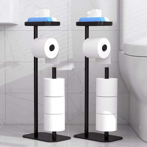 Kitsure Free Standing Toilet Paper Holder - Rustproof Metal Stand for 4 Rolls with Anti-Slip Base & Shelf | Black, Medium, 2-Pack