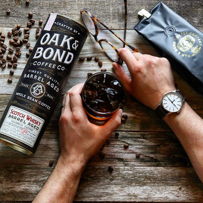 Scotch Whisky Barrel Aged Coffee, Colombia Single Origin Washed Whole Coffee Bean, Medium Roast w/Flavor Notes of Milk Chocolate, Raspberry, Honey, Silky Scotch by Oak & Bond Coffee Co. – 10oz.