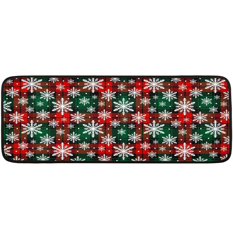 Christmas Snowflake Plaid Runner Rug 2' x 6' - Non-Slip Washable Hallway Mat, Holiday Decor (A01)
