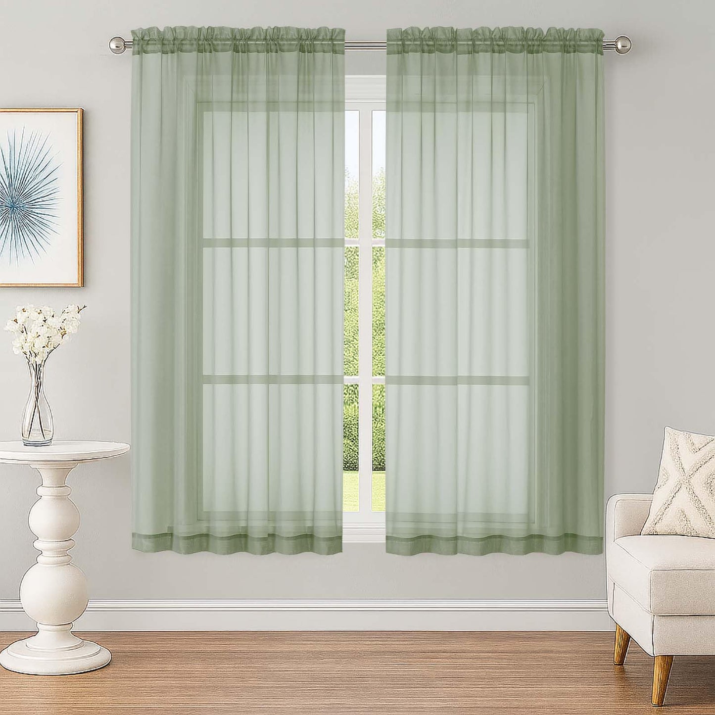 OWENIE Sheer Sage Green Curtains, Sheer Curtains 63 inch Length 2 Panels Set, Rod Pocket Voile Fimly Sheer Drapes for Living Room Bedroom, 2pcs, Sage Green, Each 59" W x 63" L