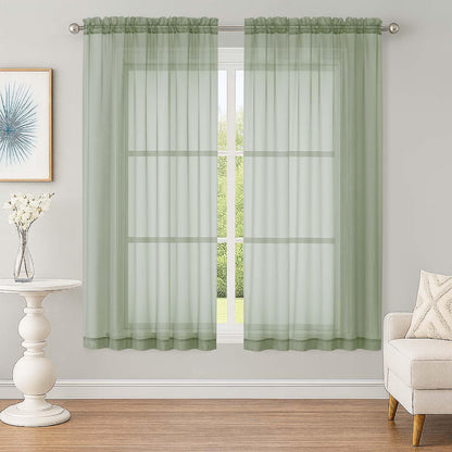 OWENIE Sheer Sage Green Curtains, Sheer Curtains 63 inch Length 2 Panels Set, Rod Pocket Voile Fimly Sheer Drapes for Living Room Bedroom, 2pcs, Sage Green, Each 59" W x 63" L