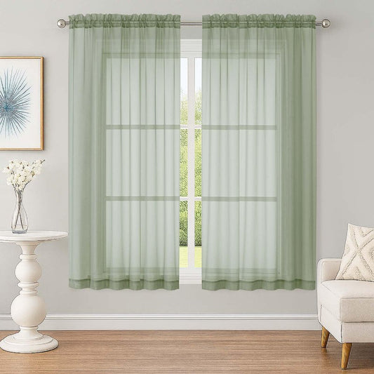 OWENIE Sheer Sage Green Curtains, Sheer Curtains 63 inch Length 2 Panels Set, Rod Pocket Voile Fimly Sheer Drapes for Living Room Bedroom, 2pcs, Sage Green, Each 59" W x 63" L