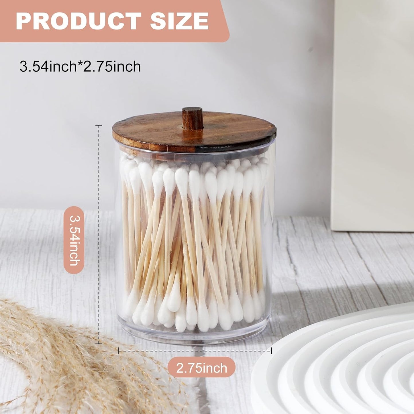 Temoyj Qtip Holder Dispenser Set - 10 oz Clear Plastic Apothecary Jars with Wood Lids for Makeup Storage | Bathroom Accessories