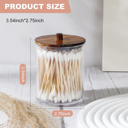 Temoyj Qtip Holder Dispenser Set - 10 oz Clear Plastic Apothecary Jars with Wood Lids for Makeup Storage | Bathroom Accessories
