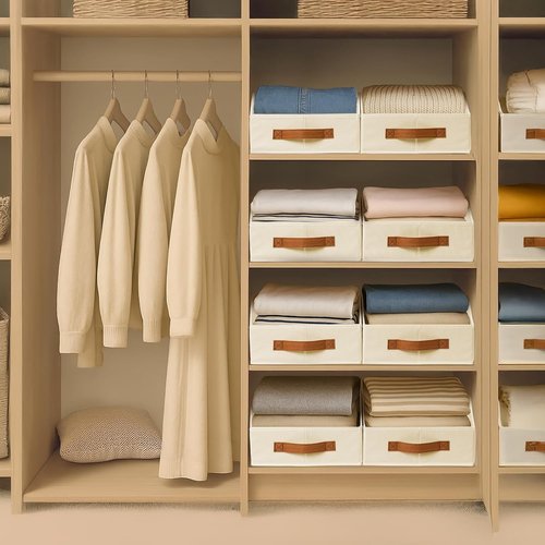Homsorout Fabric Storage Bins - 6 Pack Large Trapezoid Organizers with Front Handle | Beige for Bedroom & Small Spaces