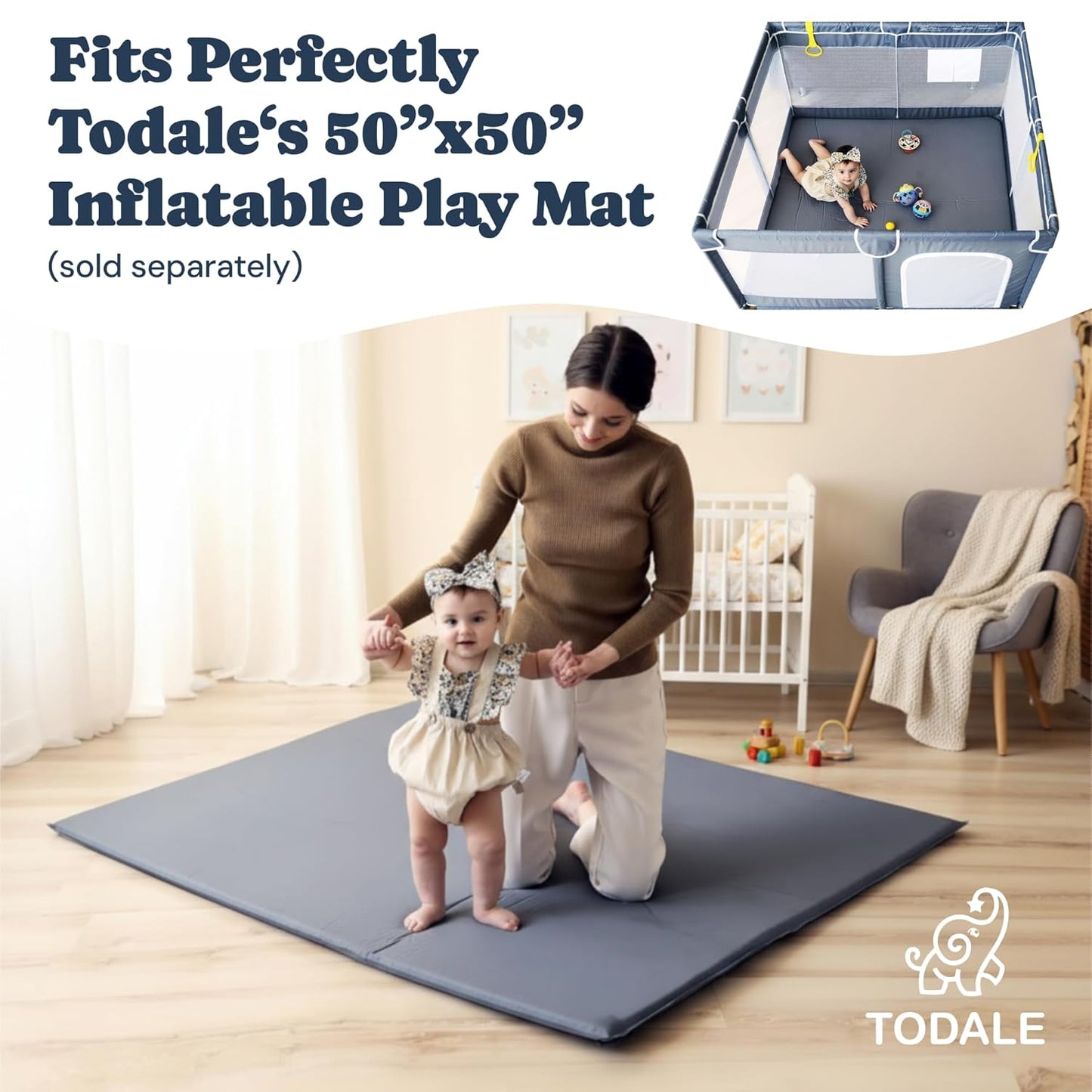 Todale Baby Playpen - Grey Foldable Playpen for Infants & Toddlers | Easy Setup & Ventilated Design - 50 x 50 x 27 in