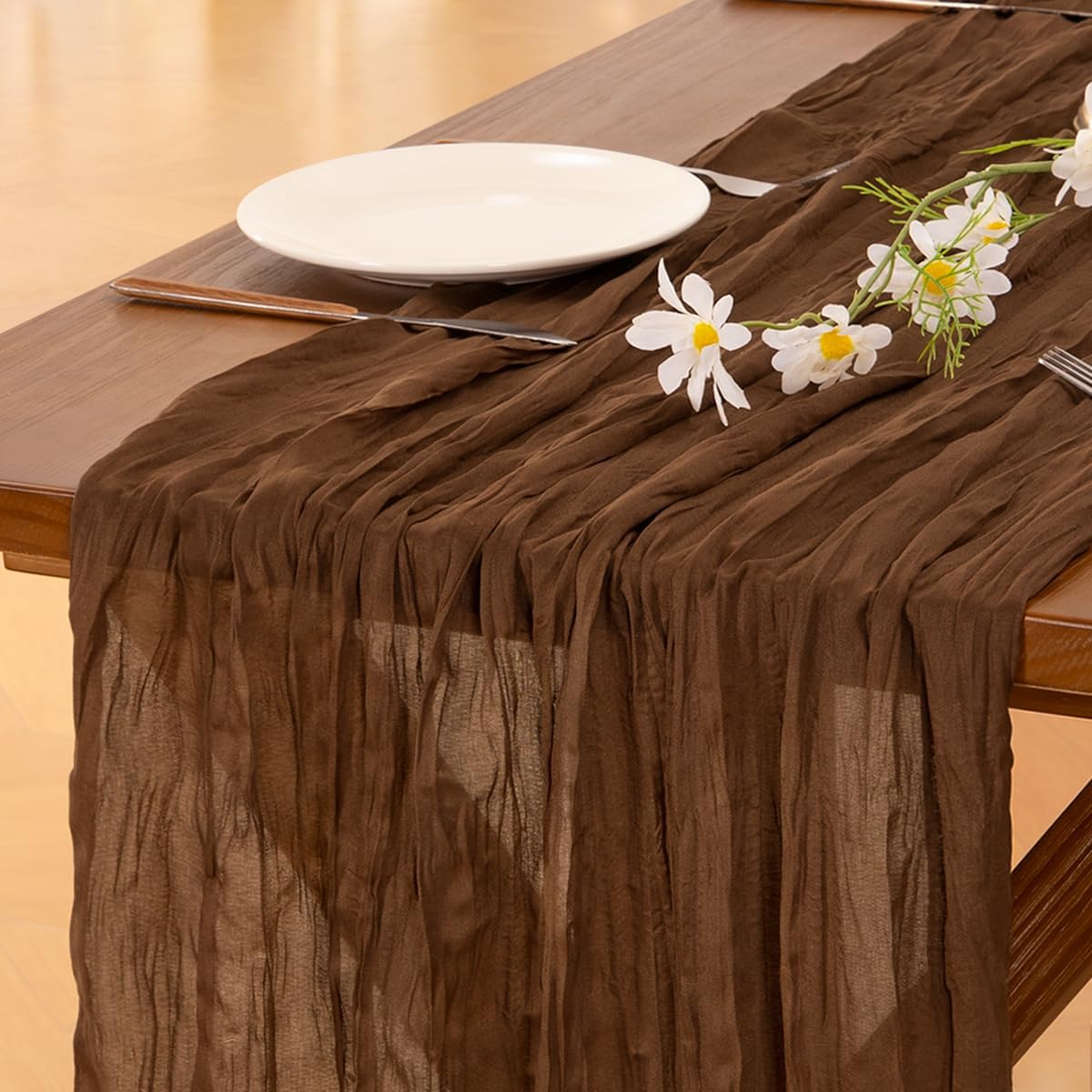 Socomi 3-Piece Brown Coffee Table Runner Set - Boho Rustic Gauze | 120 Inch for Weddings & Events