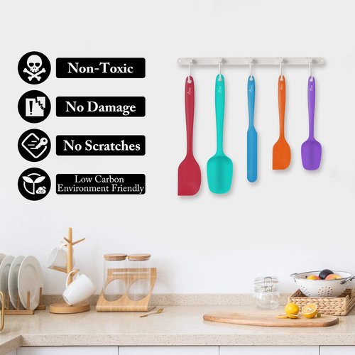 HOTEC Silicone Rubber Spatula Set - Heat Resistant 600℉, Non-Stick & Dishwasher Safe | Multicolor, Set of 5