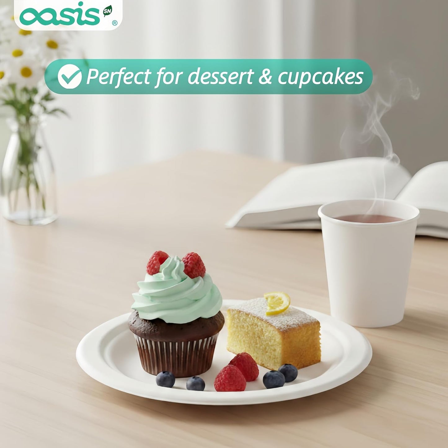 Skiennix Compostable Paper Plates - Heavy Duty 6 Inch Dessert Plates | 128 Pack, Eco-Friendly & Biodegradable