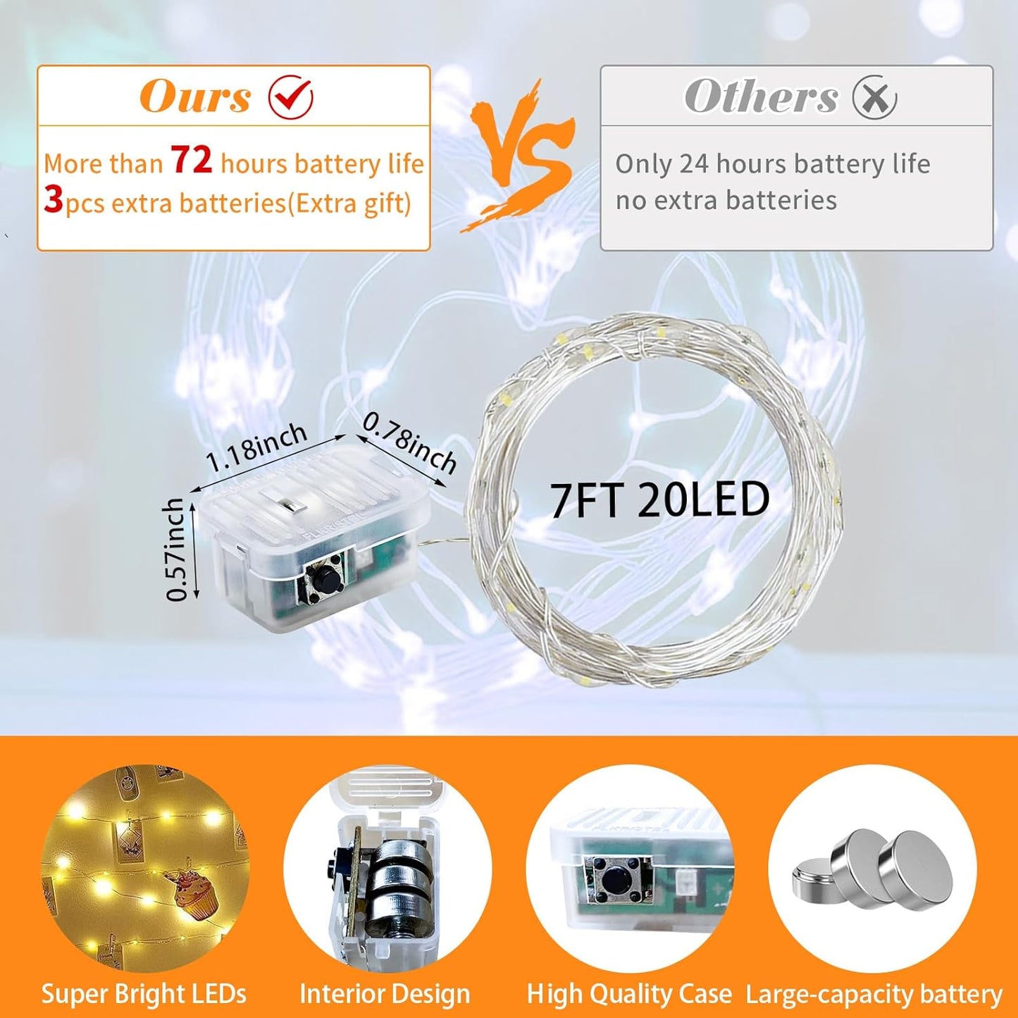 Skiennix 8 Pack Orange Fairy Lights - 7Ft 20 LED Twinkle String Lights | Battery Operated & Waterproof for Parties, Weddings, and Holidays