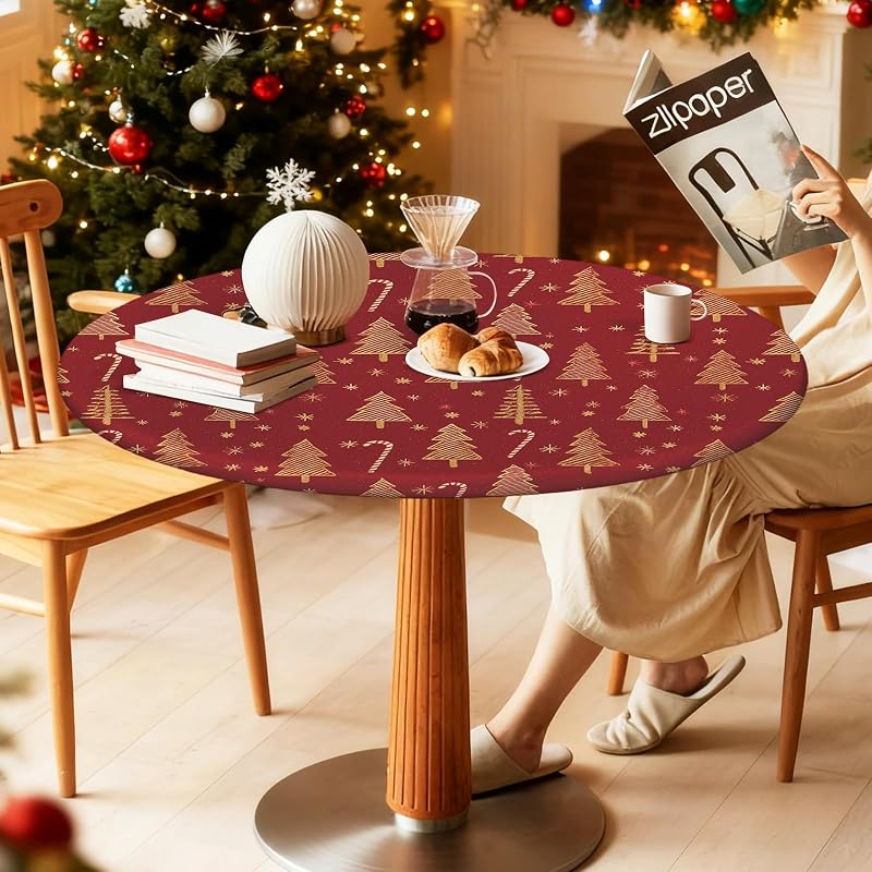 Round Fitted Christmas Tablecloth 37-44in - Elastic Edge, 65in Table Coverage - ARTSGOO Tree + 44" Variation