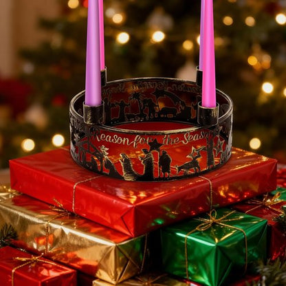 Blulu Advent Wreath Candle Holder - Rustic Nativity Scene Ring for Christmas Centerpiece | Metal Jesus Design