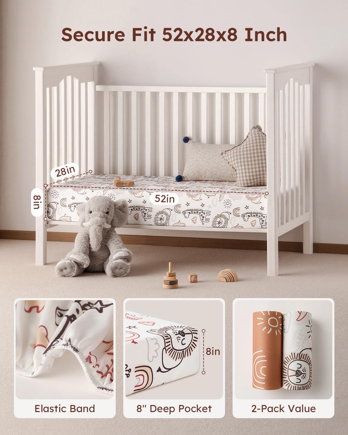 Yoofoss Baby Crib Sheets - Ultra Soft 2-Pack Fitted Sheets for Standard Crib & Toddler Mattress | Neutral Animal Design 52x28