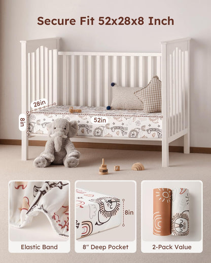 Yoofoss Baby Crib Sheets - Ultra Soft 2-Pack Fitted Sheets for Standard Crib & Toddler Mattress | Neutral Animal Design 52x28